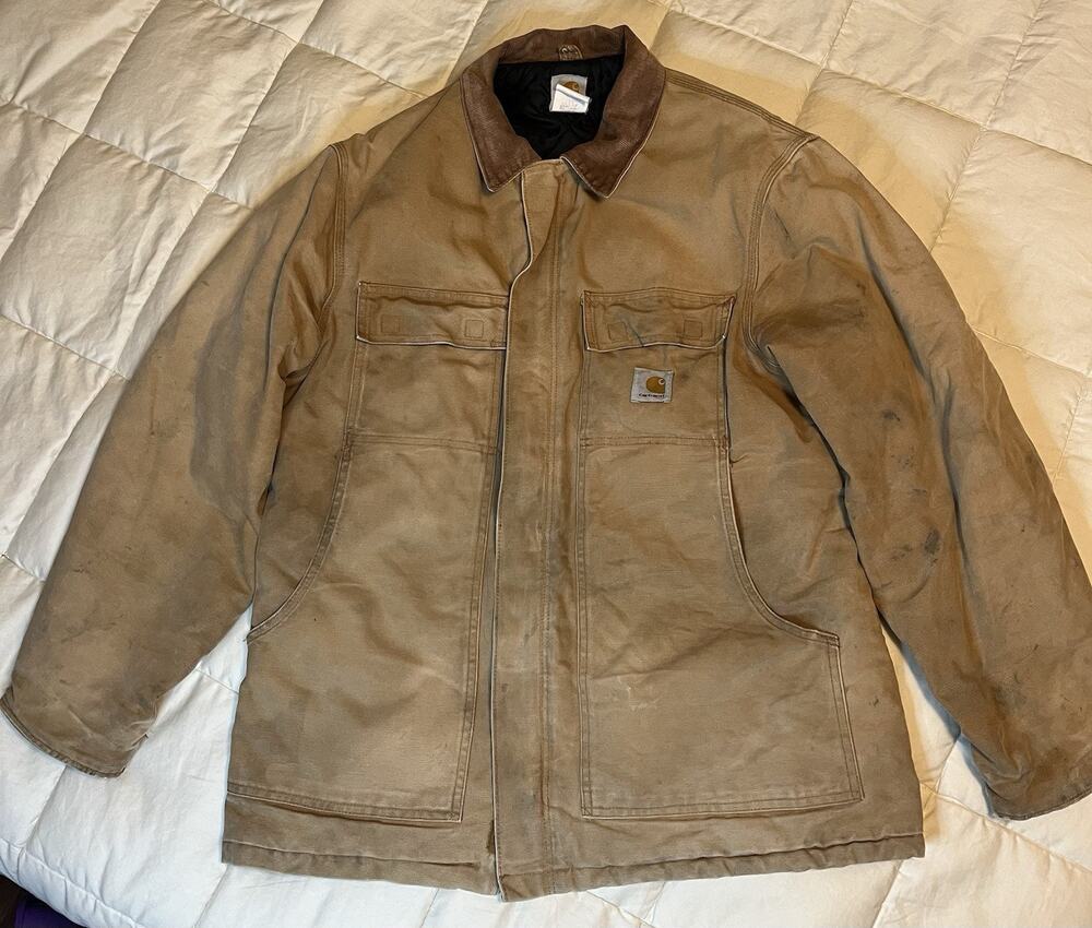 Carhartt Jacket Mens Large Tan Duck Canvas Quilt Lined Corduroy Collar Dirty